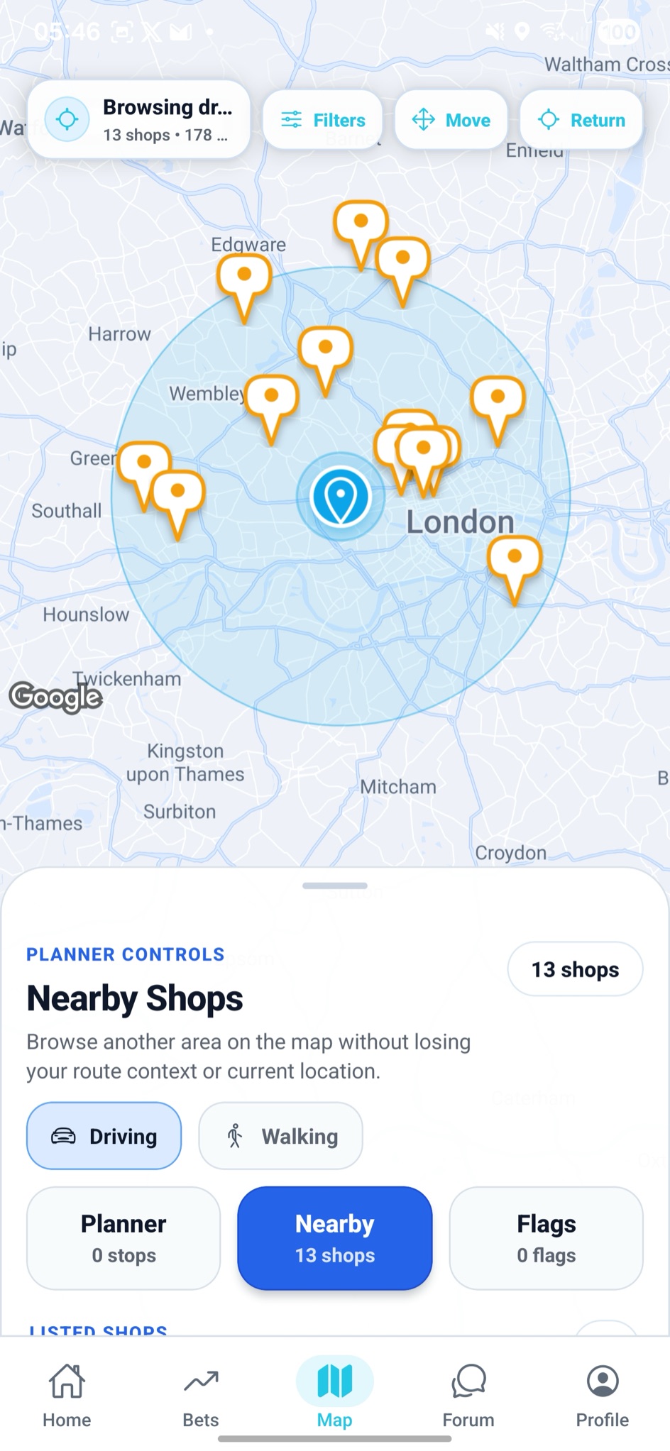 Bet Navigator map showing amber traffic-light shops — approach with caution, mixed or slow signal